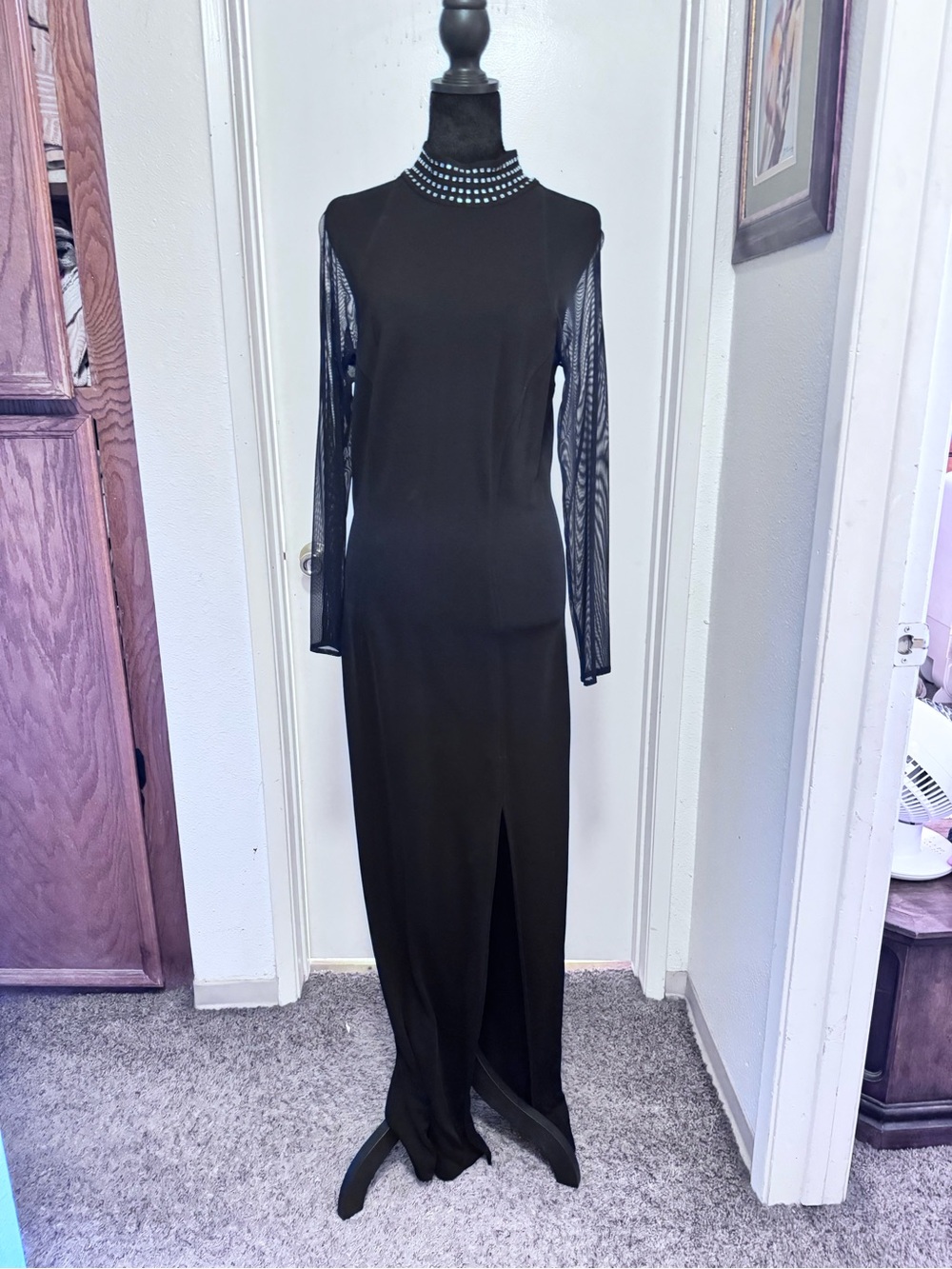 Tadashi Shoji Black Long Sleeve Evening Gown with Beaded Collar